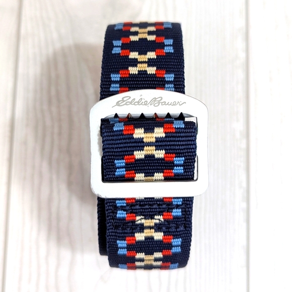 Eddie Bauer Belt Women's Size Small Medium Blue Red Beige with Silver Buckle - Picture 2 of 10